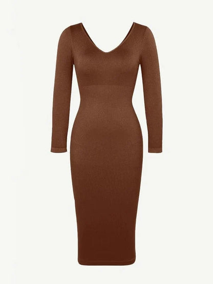 Long Sleeve V Neck Bodycon Waist Cinching Shaper Midi Dress