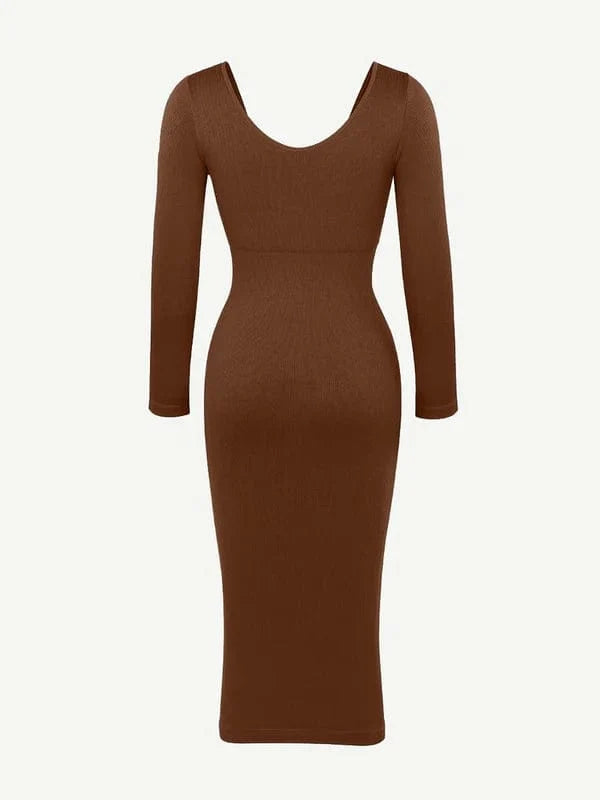 Long Sleeve V Neck Bodycon Waist Cinching Shaper Midi Dress