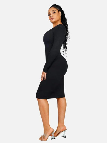 Long Sleeve V Neck Bodycon Waist Cinching Shaper Midi Dress