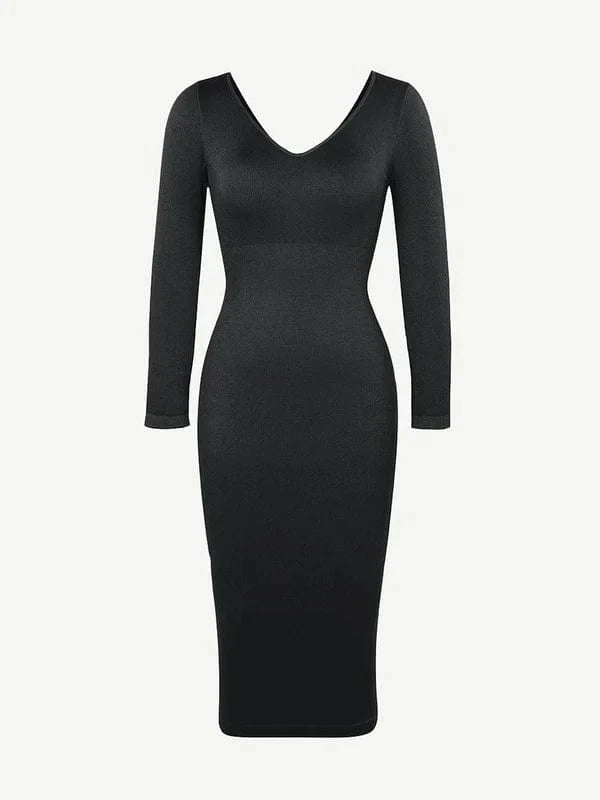 Long Sleeve V Neck Bodycon Waist Cinching Shaper Midi Dress