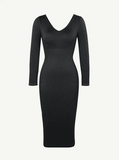 Long Sleeve V Neck Bodycon Waist Cinching Shaper Midi Dress
