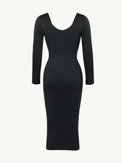 Long Sleeve V Neck Bodycon Waist Cinching Shaper Midi Dress
