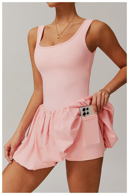 Women Square Neck Sports Tennis Dress with Built-In Pocketed Shorts