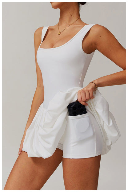 Women Square Neck Sports Tennis Dress with Built-In Pocketed Shorts