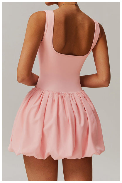 Women Square Neck Sports Tennis Dress with Built-In Pocketed Shorts