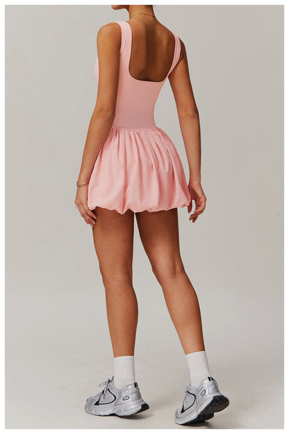 Women Square Neck Sports Tennis Dress with Built-In Pocketed Shorts
