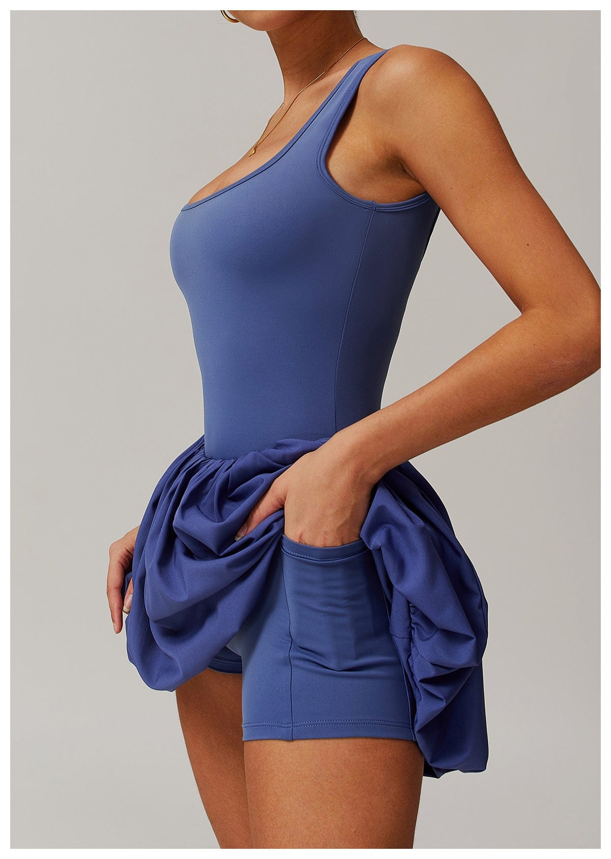 Women Square Neck Sports Tennis Dress with Built-In Pocketed Shorts