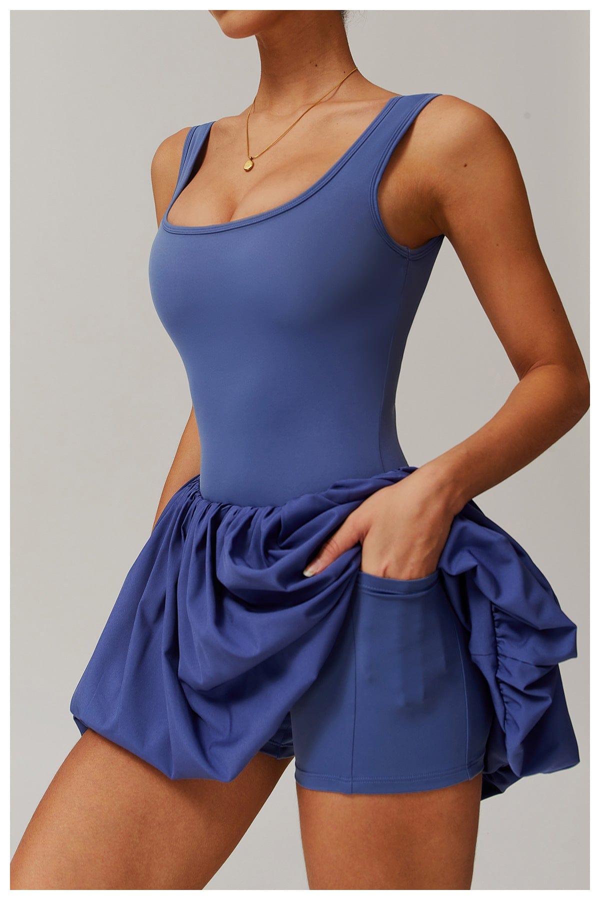 Women Square Neck Sports Tennis Dress with Built-In Pocketed Shorts
