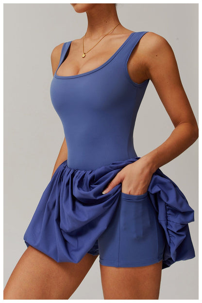 Women Square Neck Sports Tennis Dress with Built-In Pocketed Shorts