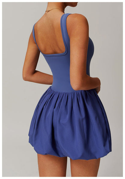 Women Square Neck Sports Tennis Dress with Built-In Pocketed Shorts