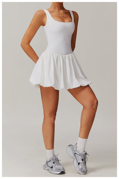 Women Square Neck Sports Tennis Dress with Built-In Pocketed Shorts
