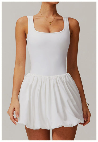 Women Square Neck Sports Tennis Dress with Built-In Pocketed Shorts