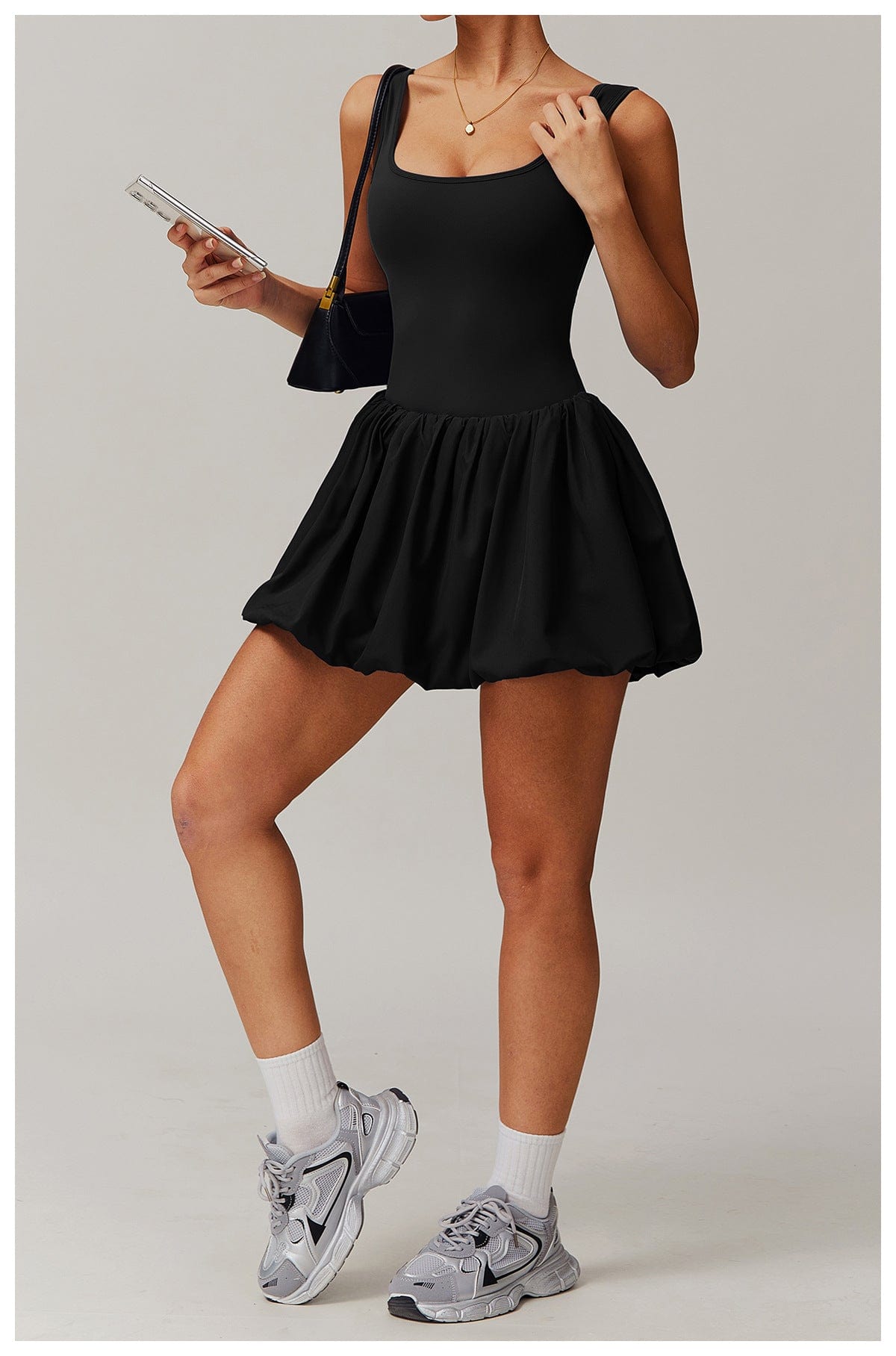 Women Square Neck Sports Tennis Dress with Built-In Pocketed Shorts