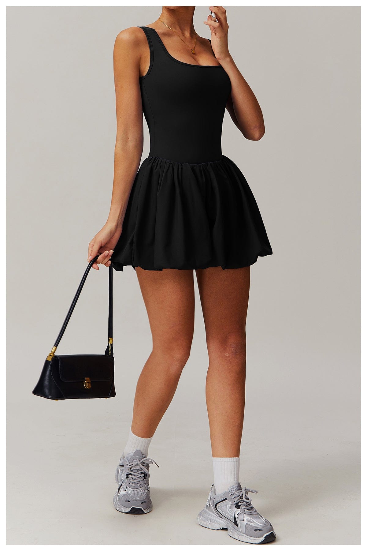 Women Square Neck Sports Tennis Dress with Built-In Pocketed Shorts