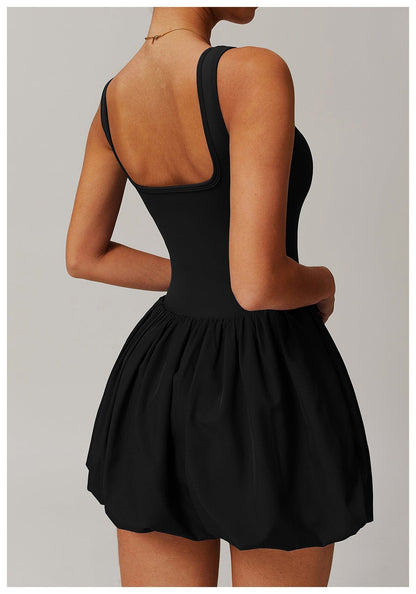 Women Square Neck Sports Tennis Dress with Built-In Pocketed Shorts