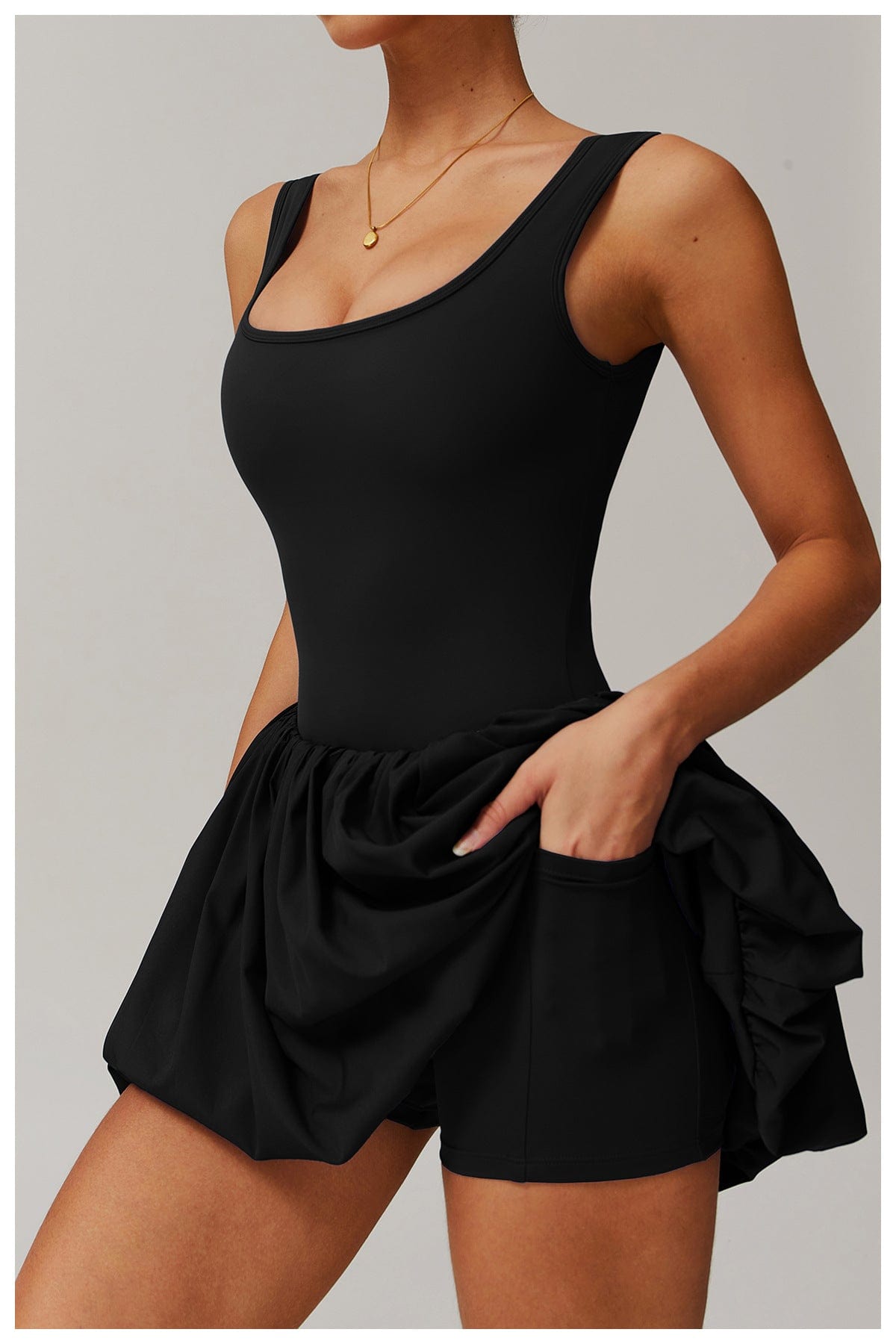 Women Square Neck Sports Tennis Dress with Built-In Pocketed Shorts