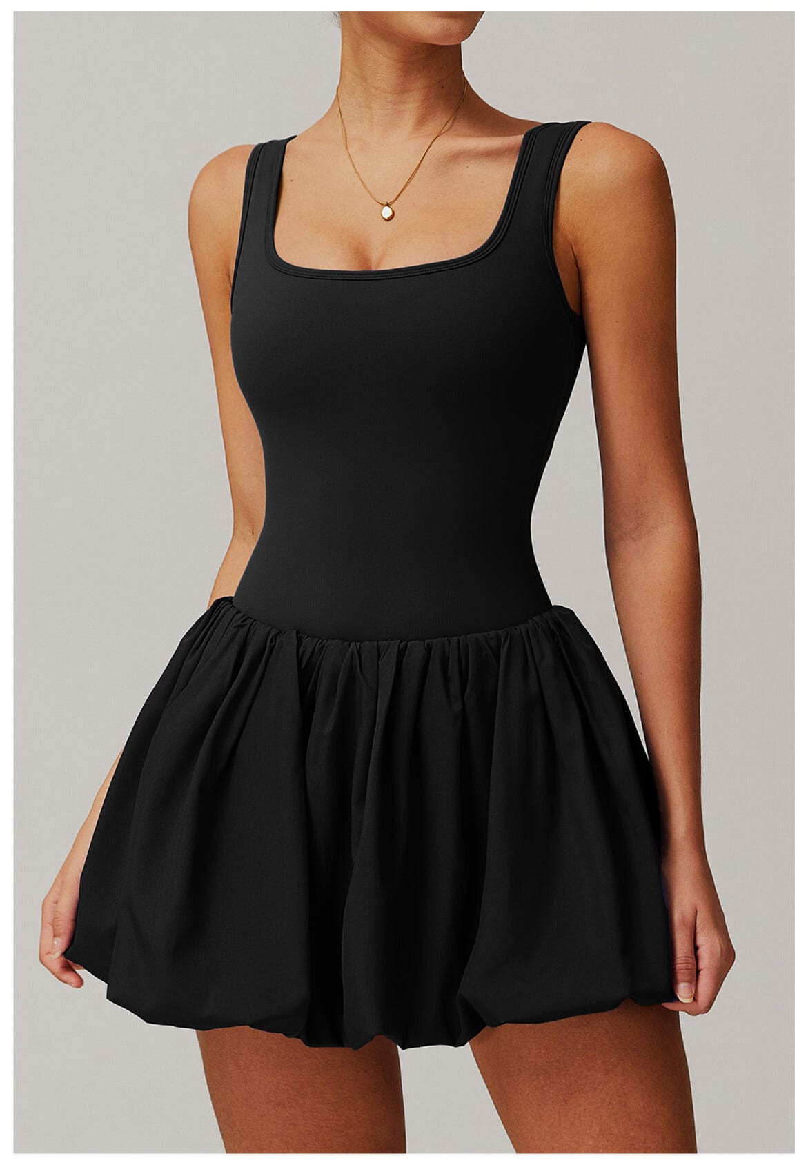 Women Square Neck Sports Tennis Dress with Built-In Pocketed Shorts
