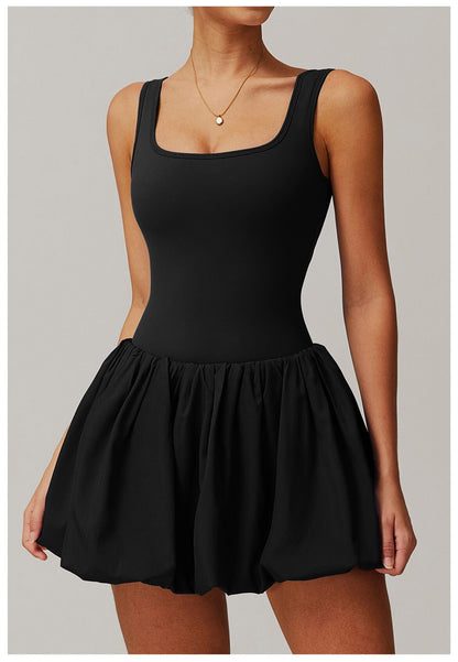 Women Square Neck Sports Tennis Dress with Built-In Pocketed Shorts