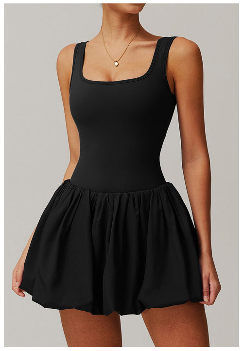 Women Square Neck Sports Tennis Dress with Built-In Pocketed Shorts