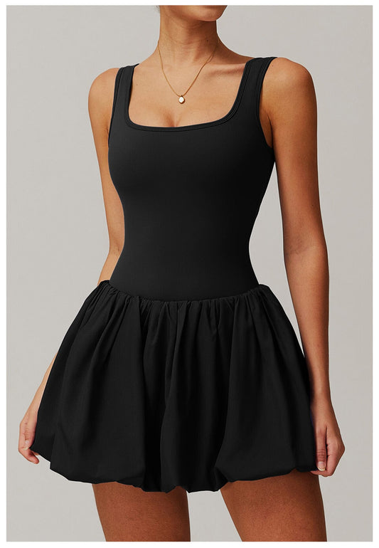 Women Square Neck Sports Tennis Dress with Built-In Pocketed Shorts