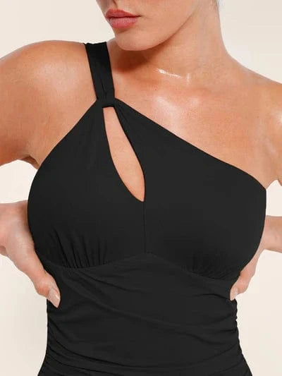 One Shoulder Ruched One-Piece Swimsuit with Chest Support