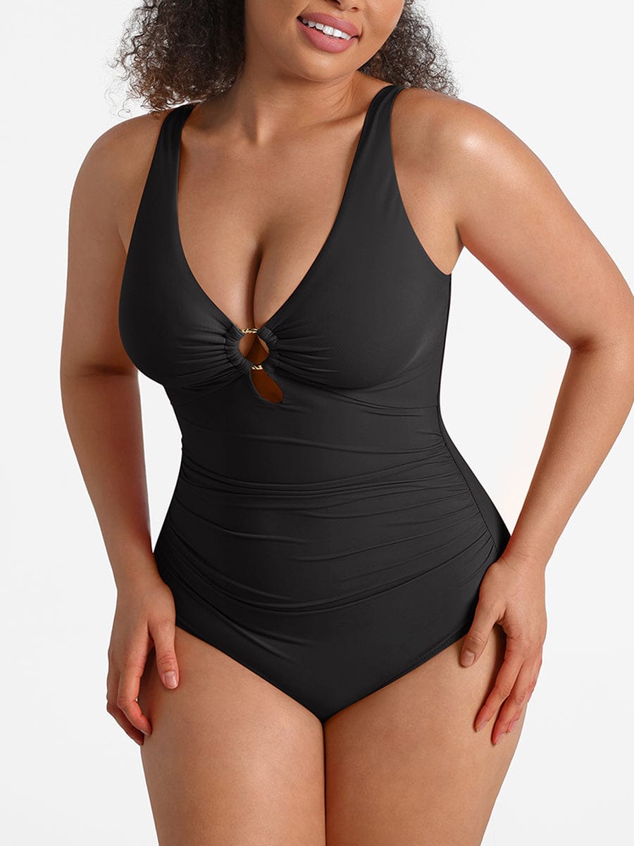 Waist Shaping Mesh Ruched One Piece Swimsuit with Pads