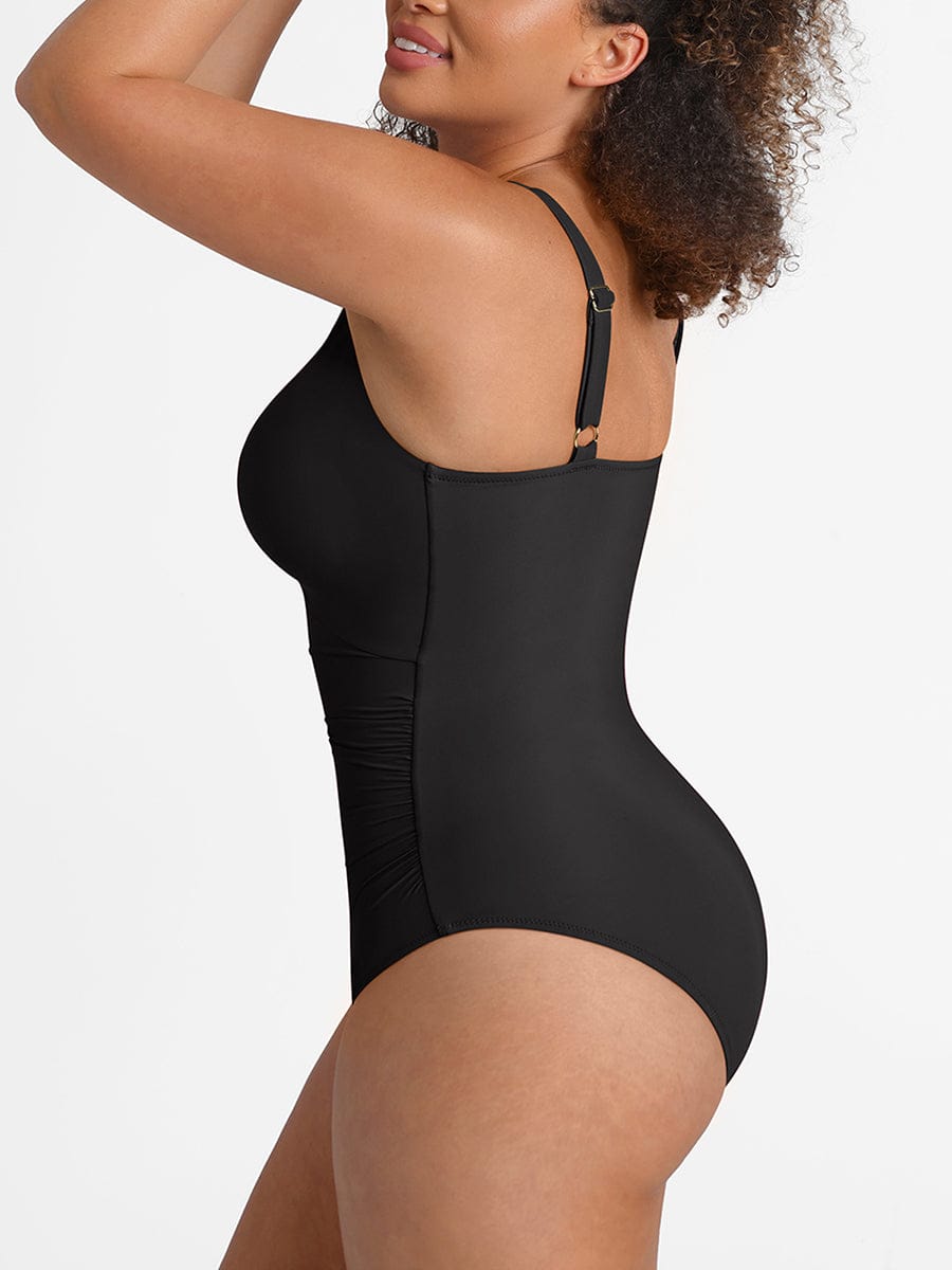 Waist Shaping Mesh Ruched One Piece Swimsuit with Pads