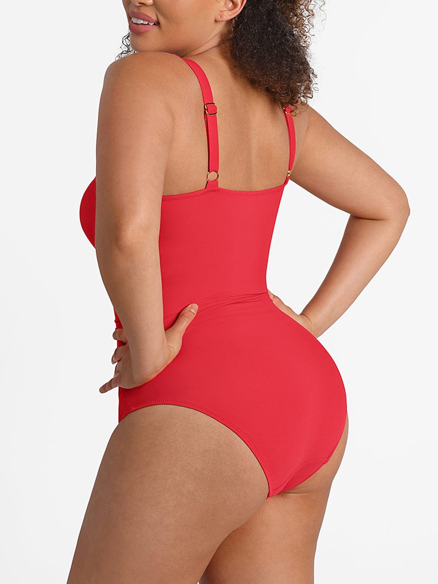 Waist Shaping Mesh Ruched One Piece Swimsuit with Pads
