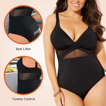 Plus Size Contrast Mesh Underwire One Piece Swimsuit