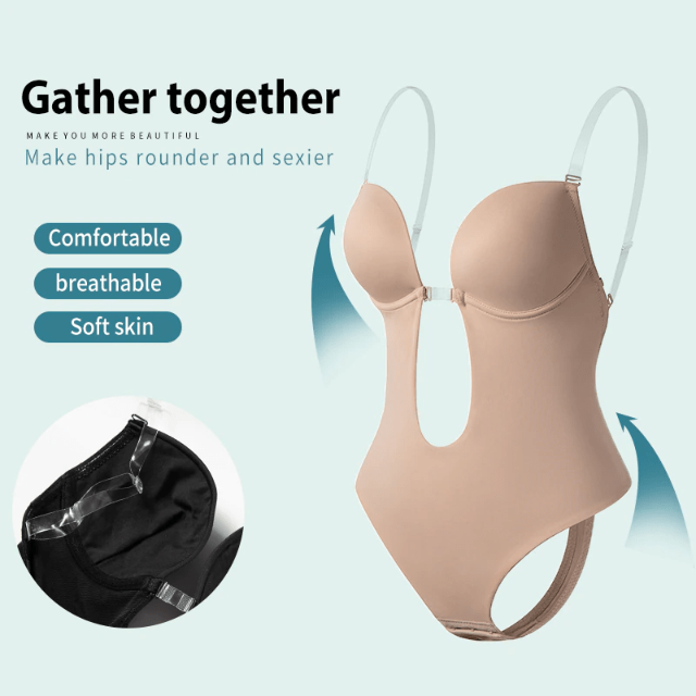 Seamless Backless Strapless Deep V Bodysuit Thong