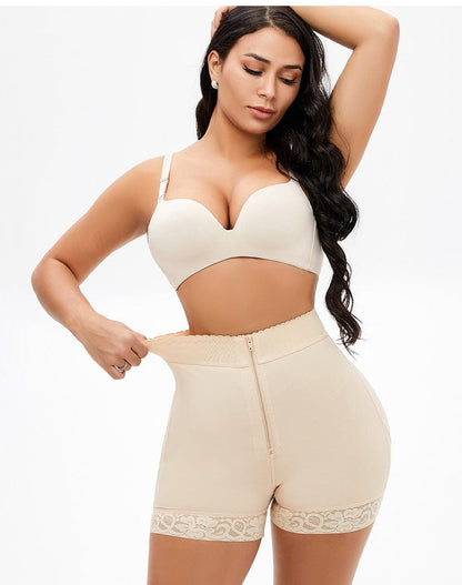 Front Zippered Lace Shaper Shorts for Tummy Control and Hip Lifting