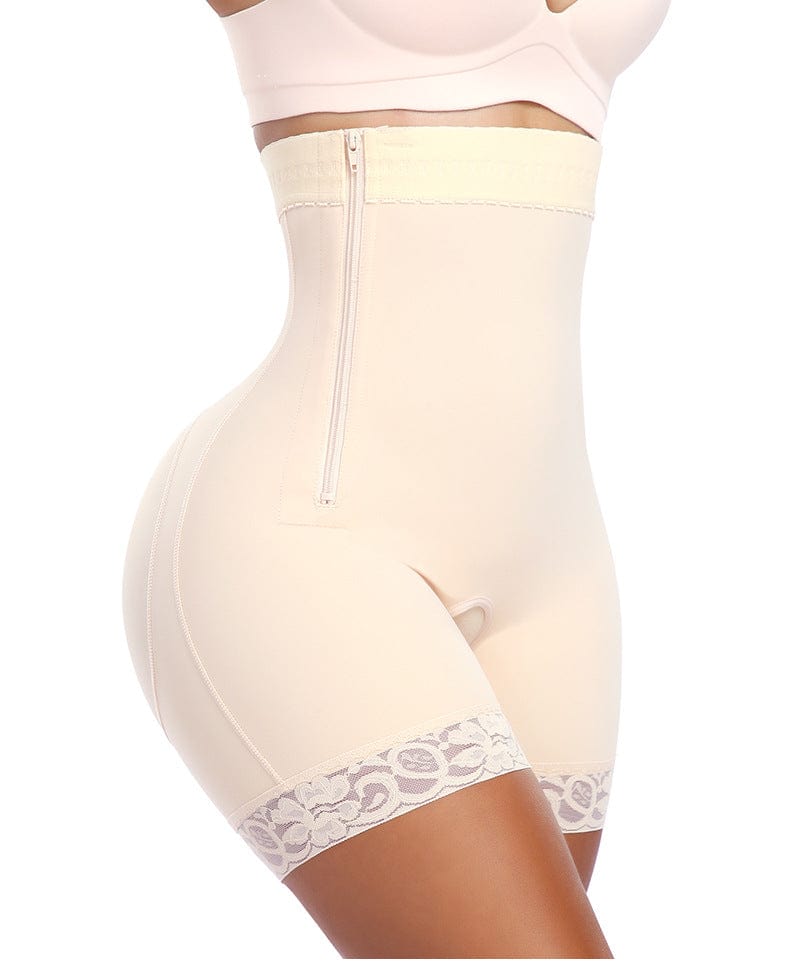 Open Gusset Shapewear Shorts with Lace Stiches and Side Zipper Closure