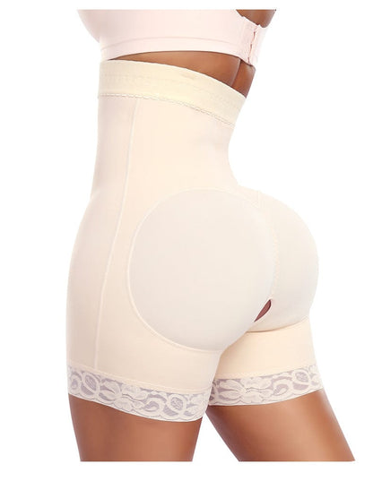 Open Gusset Shapewear Shorts with Lace Stiches and Side Zipper Closure
