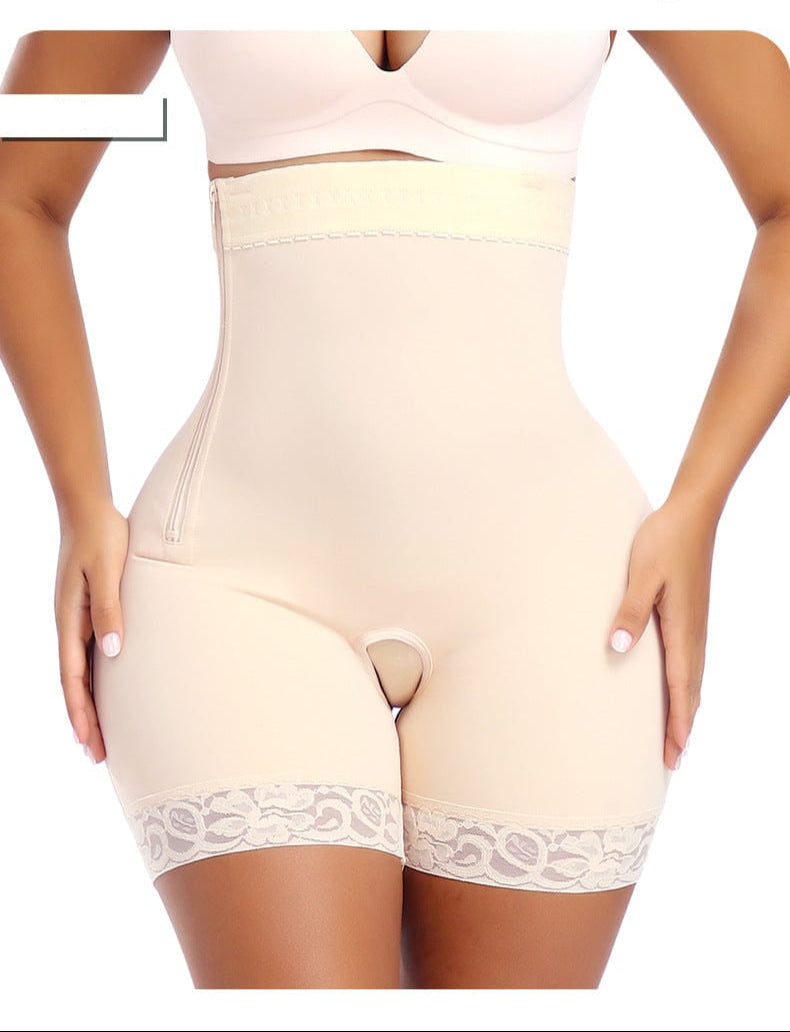 Open Gusset Shapewear Shorts with Lace Stiches and Side Zipper Closure