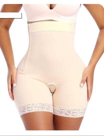 Open Gusset Shapewear Shorts with Lace Stiches and Side Zipper Closure