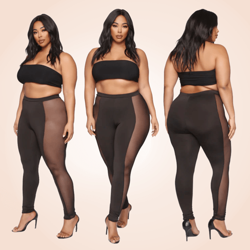 Black Stretchy Sheer Mesh Panel Solid Leggings