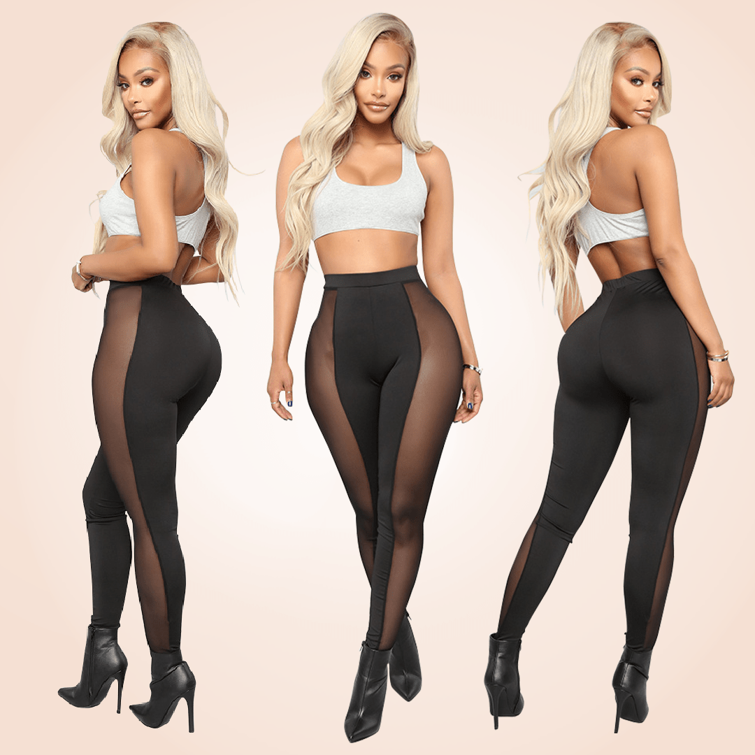 Black Stretchy Sheer Mesh Panel Solid Leggings