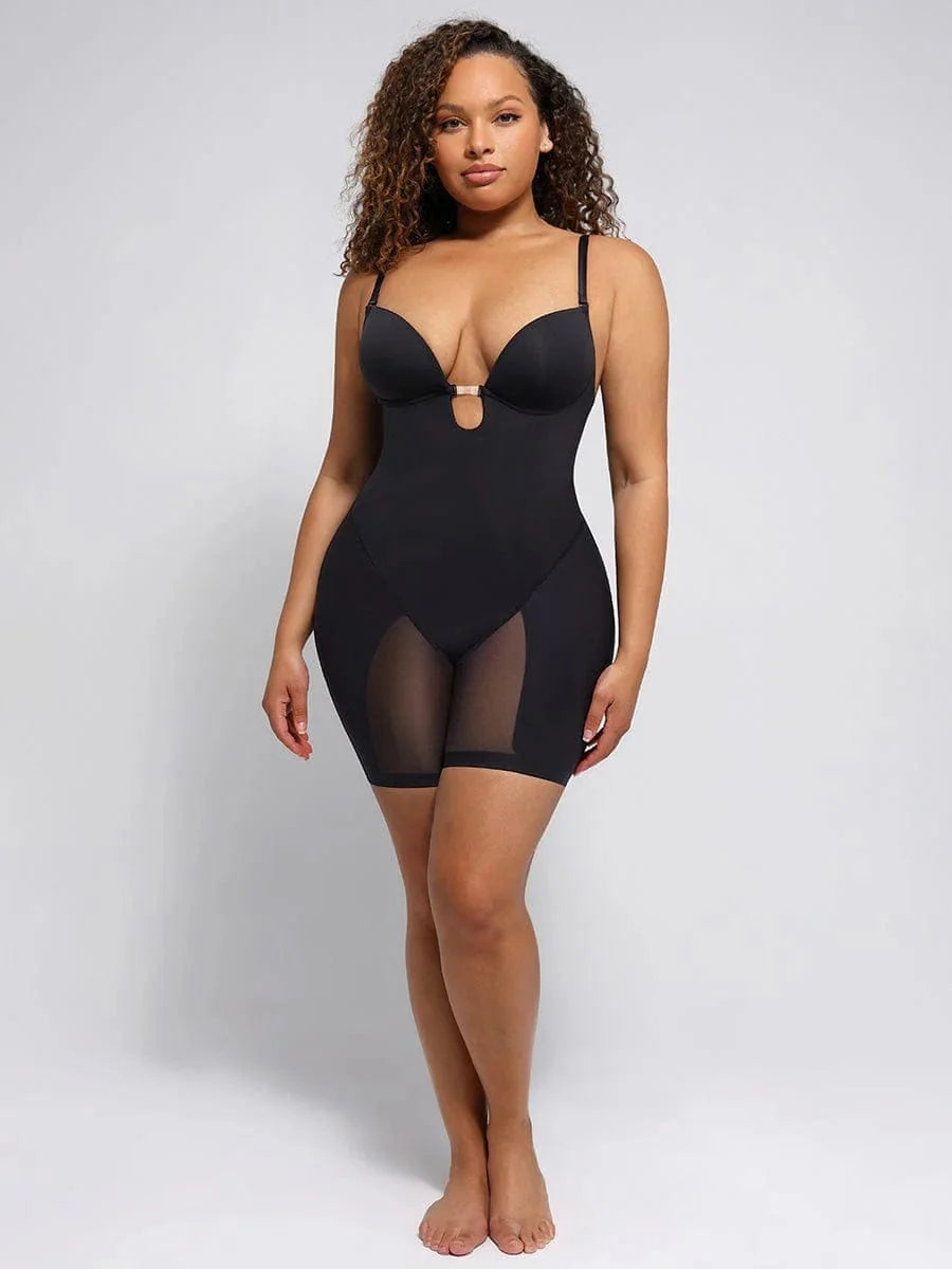 Plunge Low-Back Mid-Thigh Shapewear Bodysuit With Built-in Removable Hip Pads