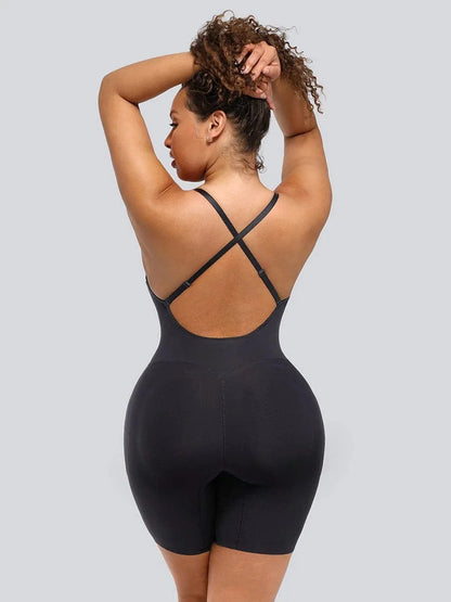 Plunge Low-Back Mid-Thigh Shapewear Bodysuit With Built-in Removable Hip Pads
