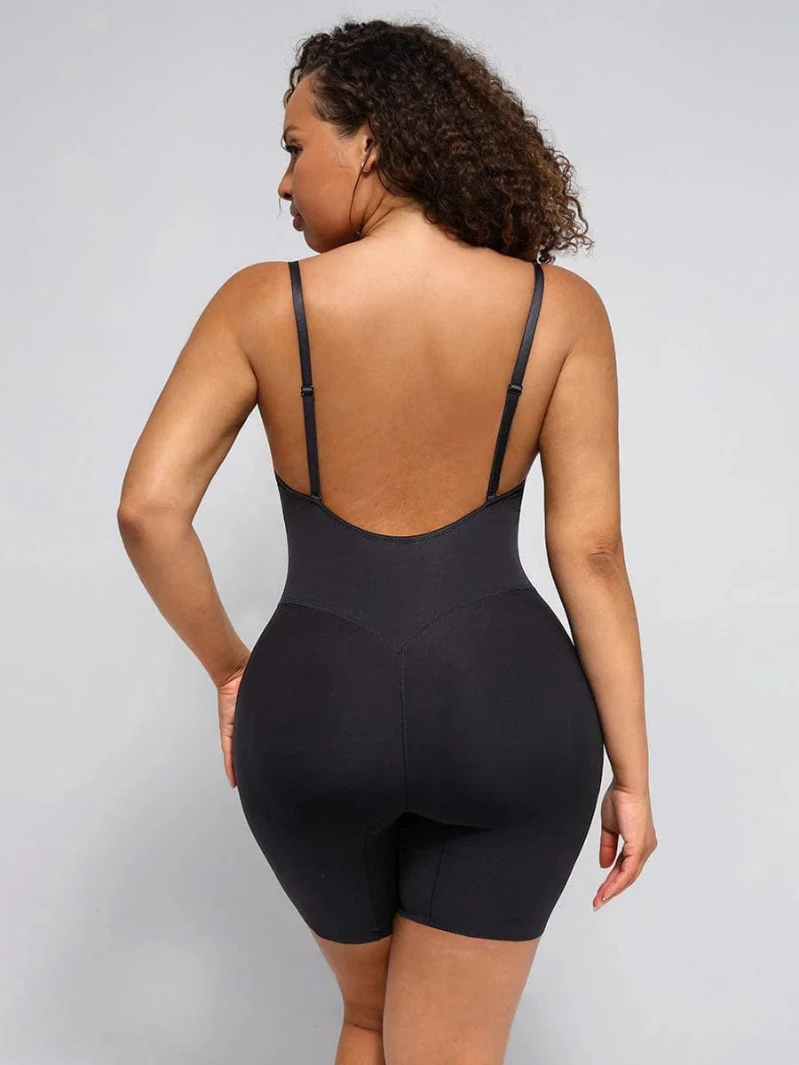 Plunge Low-Back Mid-Thigh Shapewear Bodysuit With Built-in Removable Hip Pads
