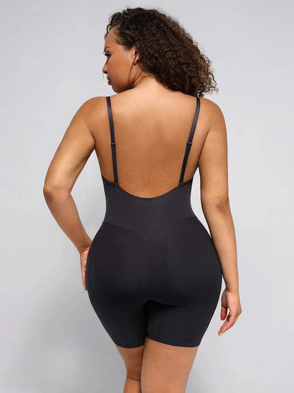 Plunge Low-Back Mid-Thigh Shapewear Bodysuit With Built-in Removable Hip Pads