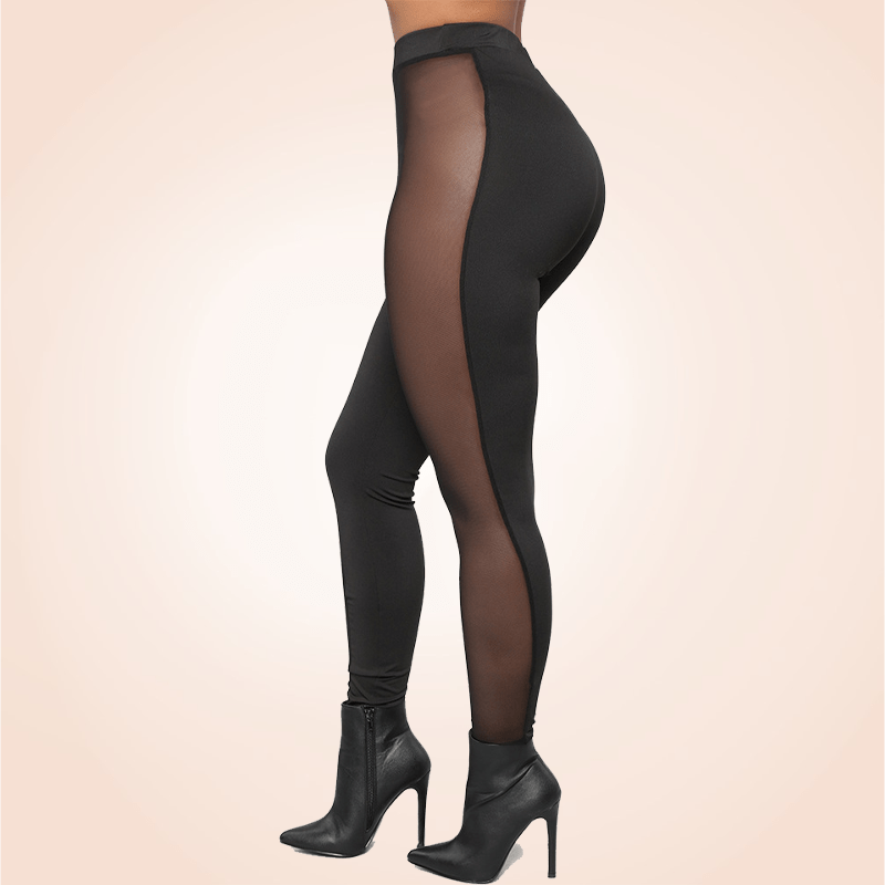 Black Stretchy Sheer Mesh Panel Solid Leggings