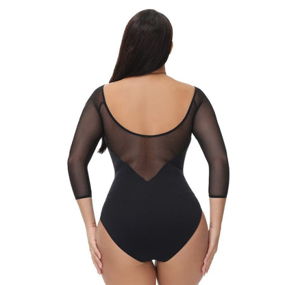 Women Sheer Mesh Mid-Sleeve Shapewear Bodysuit Thong