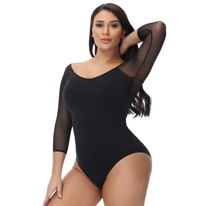 Women Sheer Mesh Mid-Sleeve Shapewear Bodysuit Thong