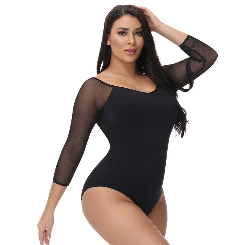 Women Sheer Mesh Mid-Sleeve Shapewear Bodysuit Thong