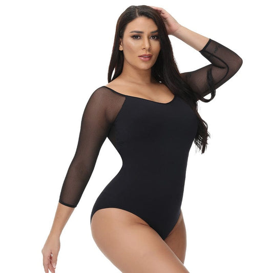 Women Sheer Mesh Mid-Sleeve Shapewear Bodysuit Thong