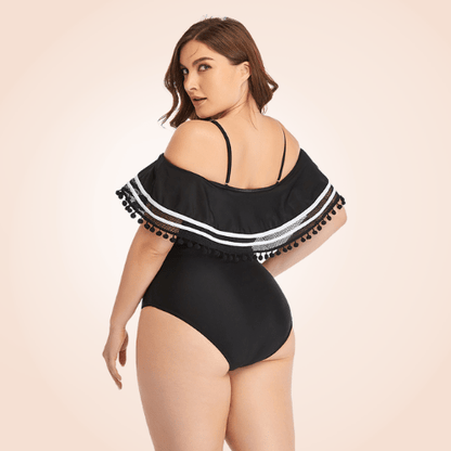 Plus Size Ruffle Trim Off-Shoulder Striped Flounce One Piece Swimsuit