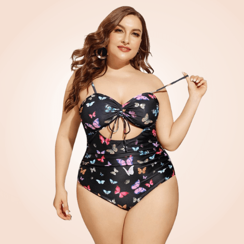 Plus Size Butterfly Print Rib One Piece Swimwear