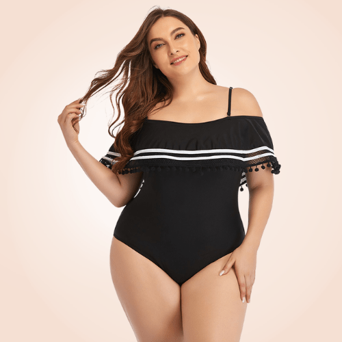 Plus Size Ruffle Trim Off-Shoulder Striped Flounce One Piece Swimsuit