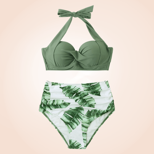 Retro Halter Twisted Front Buckle High Waisted Bikini Set